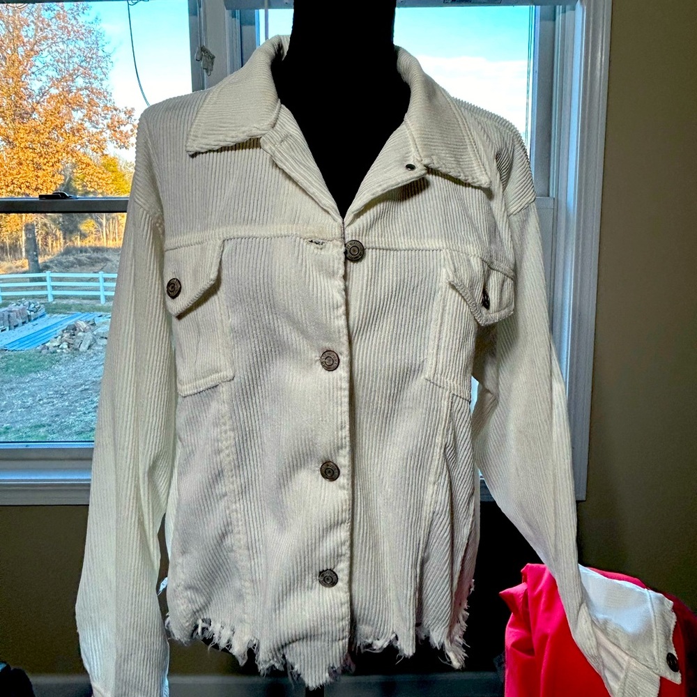 White corduroy distressed look jacket